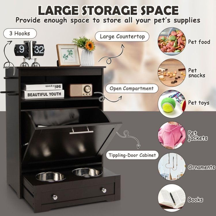 Pet Feeder Station with Stainless Steel Bowls, 32.5" Elevated Dog Food Storage Cabinet with Pull-Out Drawer, Wall-Mounted Pet Feeding Station Organizer for Food & Accessories (Coffee)