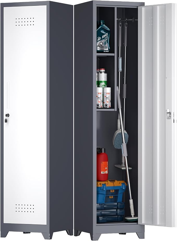 65" H Broom Closet Storage Cabinets, Utility Cabinet for Brooms and Mops, Steel Cleaning Tool Cabinet with Hanging Rod & S-Hooks for Bathroom, Garage, Laundry Room