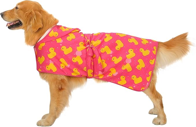 HDE Dog Bathrobe Super Absorbent Quick Drying Puppy Towel Wrap Coat Adjustable After Bath Robes with Hood for Dog Sizes S-XXL Pink Rubber Ducks XXL