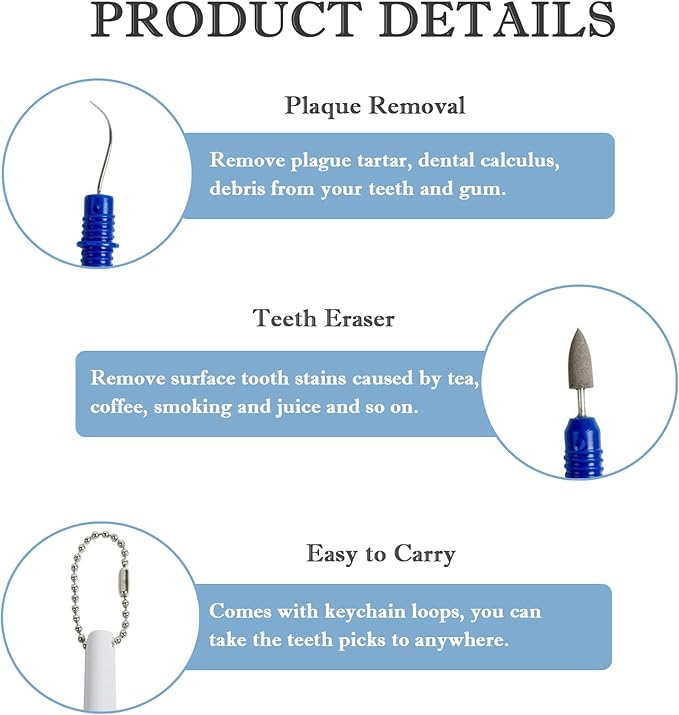 2PCS Reusable Dental Picks Kit Portable Teeth Stain Plaque Remover with Keychain with Keychain Tooth Erasers Tartar Eraser Tool Set for Travel, Pets & Oral Hygiene, White