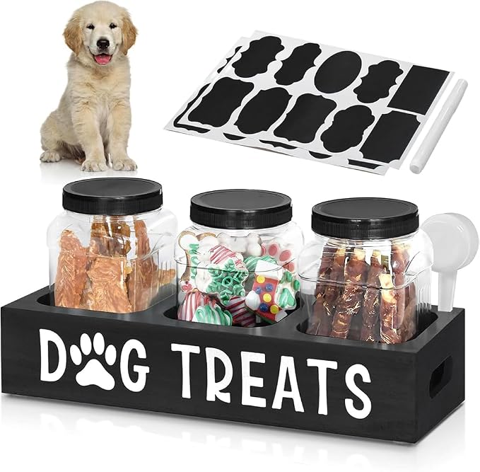Pet Food Storage Canister with 3 Jars for Kitchen Countertop | Works as dog treat container, ideal for puppy use, sleek black appearance for home kitchen storage