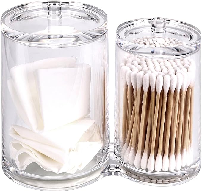 Hipiwe Clear Acrylic Cotton Swab and Ball Holder 2 Slots Q-tip Container | Round Cotton Pad Q-tip Organizer Case for Make Up Brush Clear Apothecary Jar