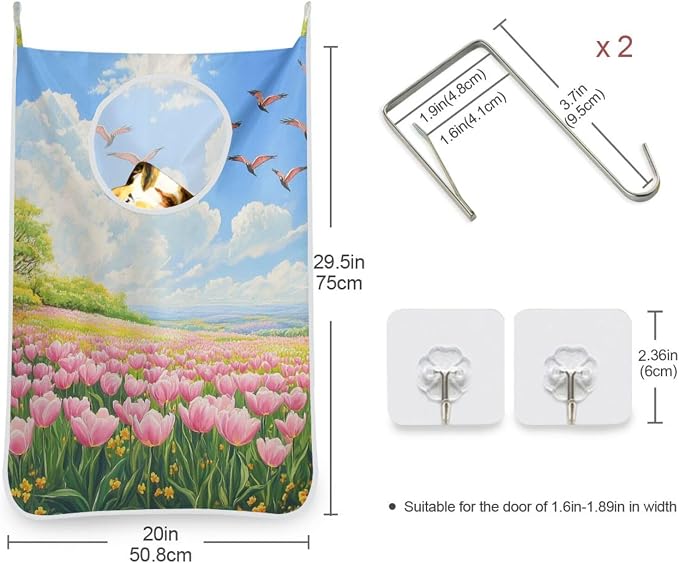 1PC Hanging Laundry Hamper Bag Over the Door Laundry Hamper Wall Hamper Large Dirty Clothes Hamper with Stainless Steel Hooks 29.5x20Inch Colorful Spring Tulips and Herringbone Birds
