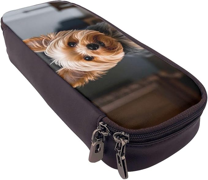 Leather Pen Case with Zipper - Aesthetic Pen Holder Cute Pet Yorkie Pencil Case for Women & Men - Handcrafted Pencil Bag Multi-Functional Travel Cosmetic Case for Work Office Tool Pouch