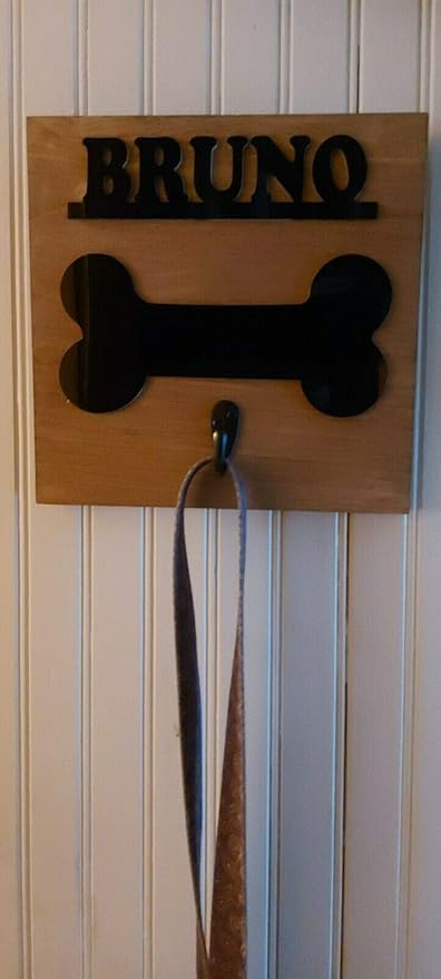 Personalized Wooden Dog Leash Hangers Custom Leash Holder Puppy Pet Hook Name Bone Sign Wall Organizer Decor, Hook and Hardware Is Installed Ready To Use, No More Where's the Leash? A Must Have