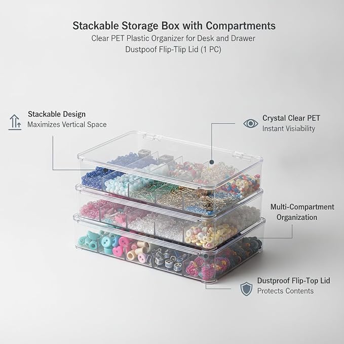 Clear Stackable Storage Box with Dividers, Dustproof Flip-Top Organizer for Desk Drawer, Transparent PET Container (1 Pack)
