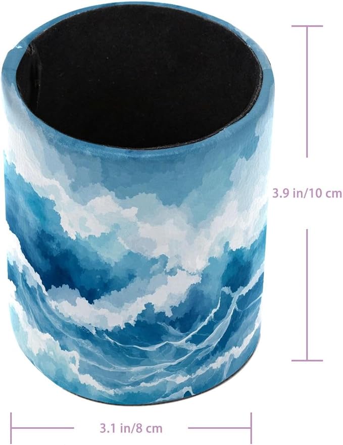 Faux Leather Pen Holder for Desk, Pencil Organizer Blue Ocean Waves Pen Cup Desk Decor Makeup Brush Holder Storage for Office Home