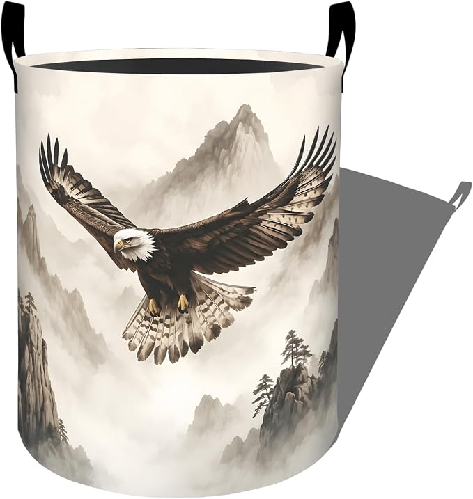 Flying Eagle Laundry Basket, Wildlife Bird Black White Mountain Storage Hamper, Round Collapsible Waterproof Cloth Bin, 19.7x15.7 Inch Rustic Clothes Organizer Gifts for Bathroom Decor