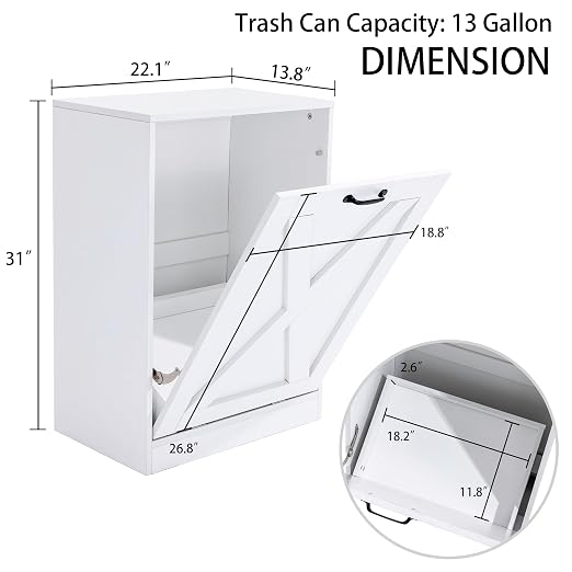 13 Gallon Wooden Tilt Out Trash Cabinet Hidden Trash Can Kitchen Recycling Cabinet Laundry Cabinet for Kitchen, Living Room (White)