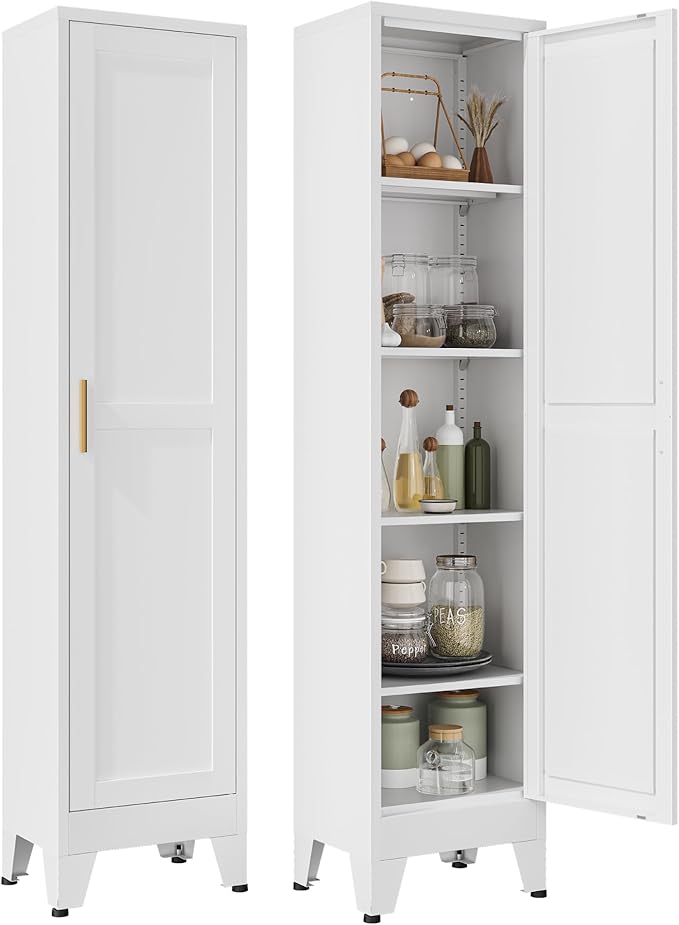 YAUWOH White Narrow Metal Storage Cabinet, Tall Freestanding Cabinet with 4 Adjustable Shelves & Barn Doors, Pantry Organizer for Bathroom Kitchen Home Office Dining Room（1PC,White）