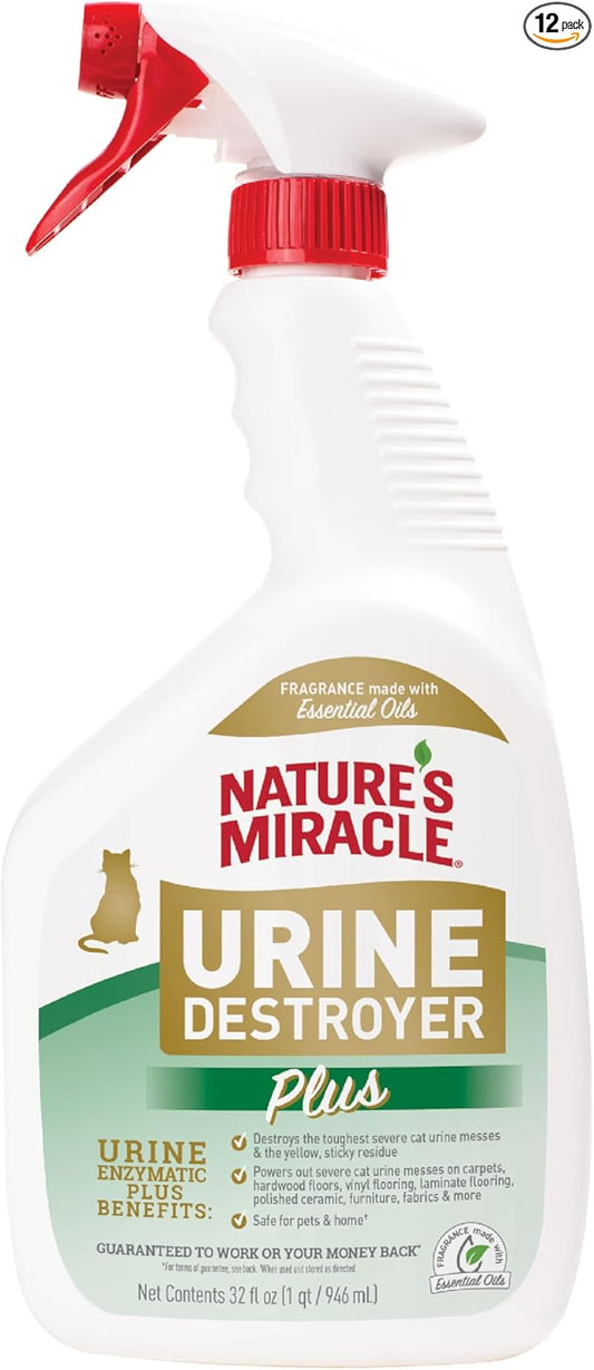 Nature’s Miracle Urine Destroyer Plus Cat,32 Ounces,Unscented,Enzymatic Formula,Ready-to-Use,(Pack of 12)