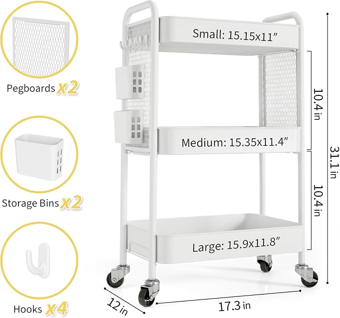 TOOLF 3 Tier Rolling Cart, Metal Utility Storage Cart with Pegboard, White | 2 Bins & 4 Hooks, Screwless Assembly, Lockable Wheels, Trolley Organizer for Bathroom, Kitchen, Office, Dorm, Craft Room