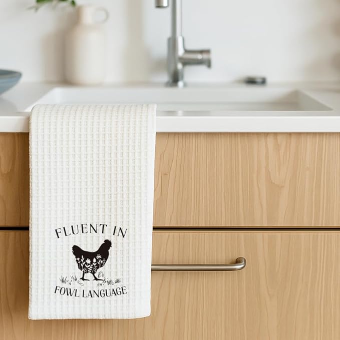 Funny Farmhouse Chicken Kitchen Towels Decor,Fluent in Fowl Language,Chicken Hand Towels for Bathroom,Rooster Dish Towel Tea Towel for Women,Chickens Birthday Party Decorations