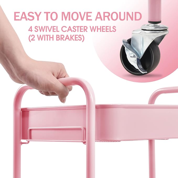 TOOLF 3 Tier Metal Rolling Cart, Utility Storage Cart with Wheels, Pink | Screwless Assembly, Lockable Metal Wheels, Trolley Organizer for Bathroom, Kitchen, Office, Dorm, Laundry, Craft Room