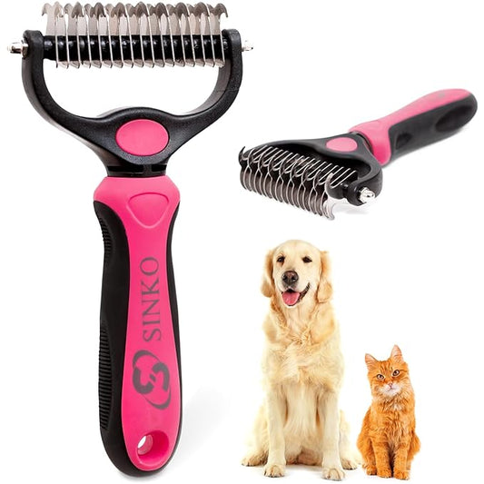 Sinko Shedding Brush For Dog and Cat, Grooming Brush with Extra Wide Double-Sided Stainless Teeth for Detangling, Deshedding, Brushing & Removing Shed Fur, Knots, Mats, and Tangles in Pets (Pink)