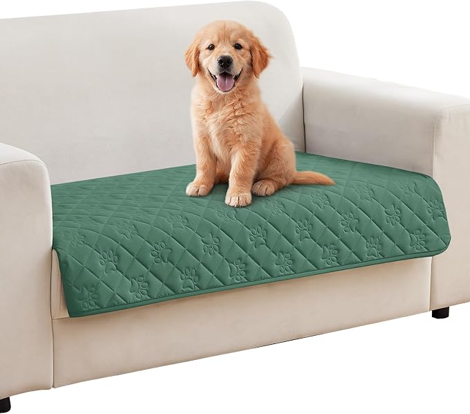 PAWFINITY Waterproof Loveseat Covers for Dogs, Pet Blanket for Couch | Paw Print Quilted, Hair Resistant, Anti Cat Scratch, Washable Protector for 2 Seat Sofa & Chair Cushion, 40x50 Inch, Green