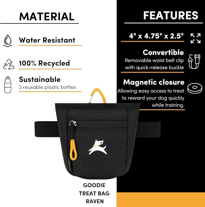 OllyDog, Goodie Treat Bag, Dog Treat Training Pouch | Magnetic Closure | 3 Ways to Wear | Hands-Free Waist Belt | Water-Resistant Recycled Vegan Fabric (Raven S'25)