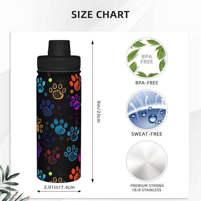 Colorful Dog Paw Print Water Bottle,18oz Sports Insulated Kettle for Cycling Gym Basketball Outdoor, Suitable as a Present