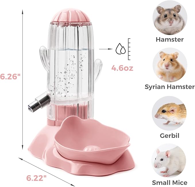 VANNON 2 in 1 Hamster Feeder Small Animal Water Bottle & Food Bowl Water Dispenser & Food Dish Bowl for Hamster, Small Mice, Rat, Gerbil, 4.6oz/130ml, BPA Free, Pink
