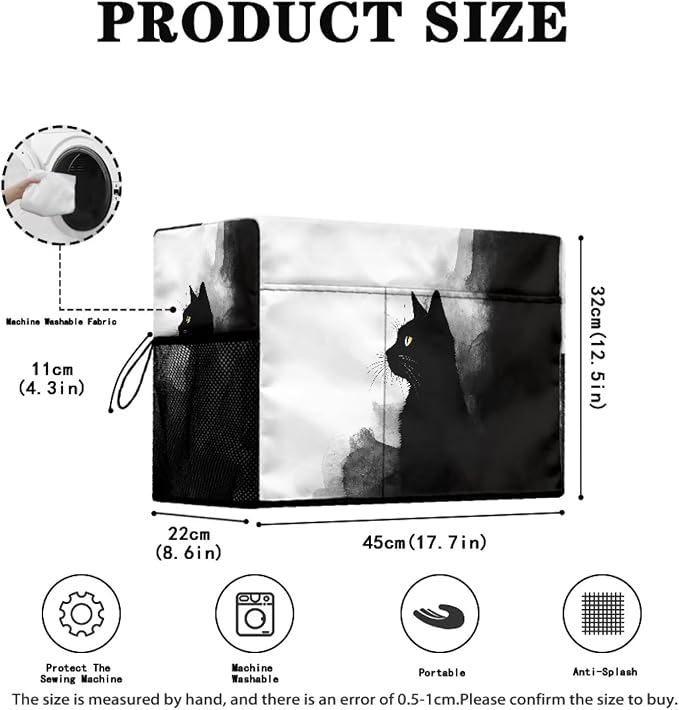 Ink Painting Cat Patterned Sewing Machine Cover Fit Standard Sewing Machines, Features a Convenient Mesh Pocket for Accessories, Adds a Touch of Artistic Flair to Your Sewing Space