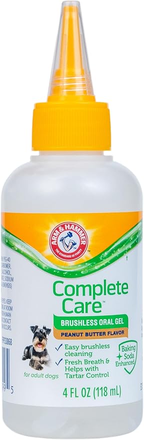 Arm & Hammer Complete Care Brushless Oral Gel for Dogs, No-Brush Toothpaste Formula, Fresh Breath, Tartar Control - Baking Soda Enhanced Dental Dog Supplies, Peanut Butter Flavor, 4oz
