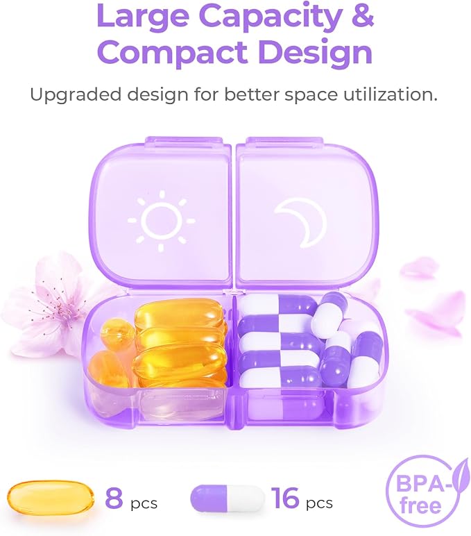 AUVON Weekly Pill Organizer 2 Times a Day, One-Side Large Opening, Easy‑Use | XL AM PM Pill Case, Travel Pill Box 7 Day, Medication Organizer for Medications, Vitamins, Fish Oils, Supplements, Purple