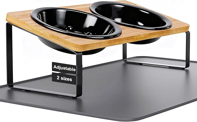 LEAWALK Upgraded Adjustable Height Cat Food Bowls Stand Ceramic Dog Bowls and Slow Feeder Cat Bowl, 15°Tilted Stand Anti Vomiting Raised for Small and Medium Sized Cats Dogs (Black)
