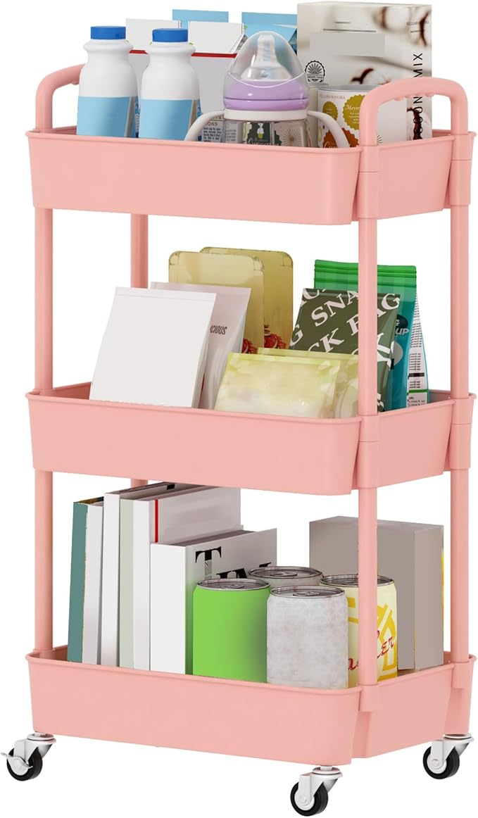 Sywhitta 3-Tier Plastic Rolling Utility Cart with Wheels for Storage, Pink | Multi-Functional Storage Trolley, for Office, Living Room, Kitchen, Bathroom,Movable Organizer,Space-Saving,Easy to assemble