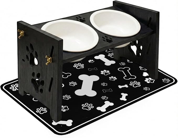 2026 New Elevated Cat Bowls with Food Mat, Adjustable Height & Angle Raised Cat & Dog Bowls Stand for Food and Water, Cat or Small Dog Feeding Station, 2 Ceramic Bowls for Cats and Puppy(Black Wood)