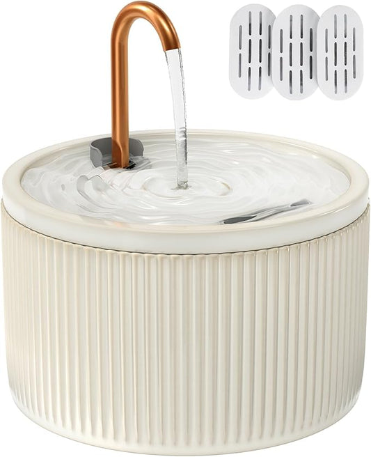 MISFANS Ceramic Cat Water Fountain - 2.1L/71oz - All-Ceramic Body & Pure Copper Water Spout - Non-Toxic - Automatic Pet Drinking Fountain Indoor with Ultra-Quiet Pump, and 3Pcs Filter & Sponge (Beige)