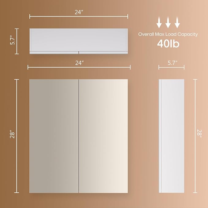 28x24 inch Bathroom Wall Cabinet, Saver Storage Cabinet, Medicine Cabinet with 2 Door and Adjustable Shelves, White（Assembly Required）