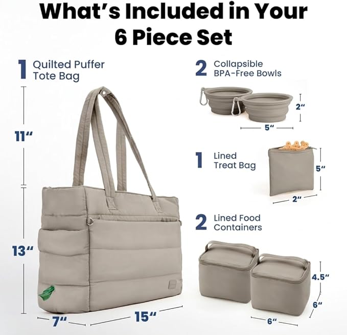 Puffer Dog Travel Bag for Dog Moms, Diaper Bag with Travel Bowls | 2 BPA-Free Collapsible Bowls, 2 Pet Food Containers, 9 Pockets, Everyday Puffer Bag Works With or Without Your Dog, Khaki
