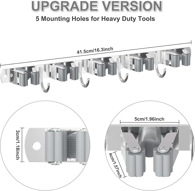 HANZENMA Broom Holder Wall Mount, Broom Organizer Wall Mount Stainless Steel Broom and Mop Hanger Heavy Duty Storage Organization for Home Kitchen Garden Garage Room 5 Racks 4 Hooks