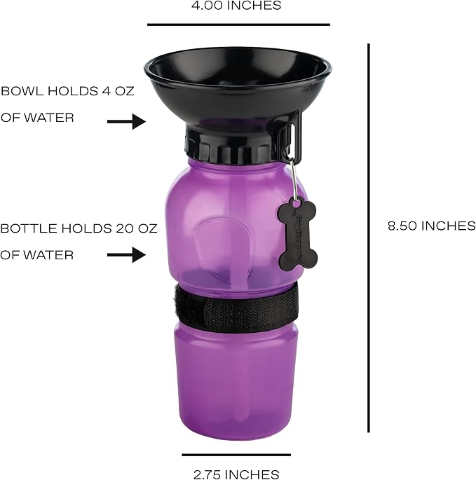 Highwave AutoDogMug Dog Water Bottle with Built-in Bowl, 20 oz, Purple