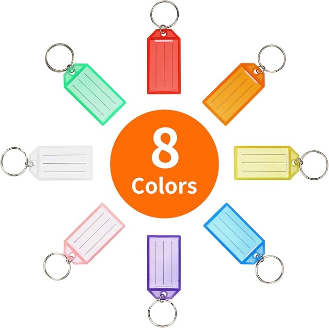 Cuttte 16 Pack Plastic Key Tags with Ring and Label Window 8 Colors | Key Chain Labels for Organizing Flash Drives, Suitcases, Backpacks, Luggage, Lunchboxes