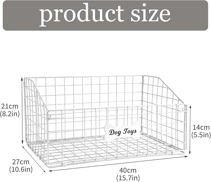 Metal Dog Toy Basket,White Pet Toy Organizer with Bone Label | Dog Toy Basket, Dog Toy Bin, Dog Toy Box