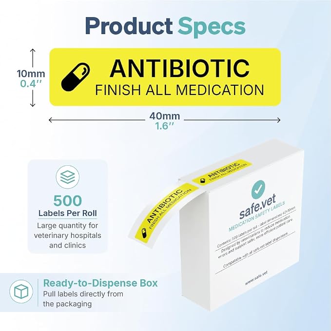Dispensed Medication Veterinary Pharmacy Labels | Roll of 500 | Clinical-Grade Color-Coded Stickers for Medication Bottles (Antibiotic)