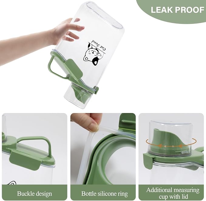 Geyecete dry cat food container with Measuring Cup & Pour Spout Portable-3 Qt/2.8 L Clear Plastic cat Food Jar Airtight Transparent-Green