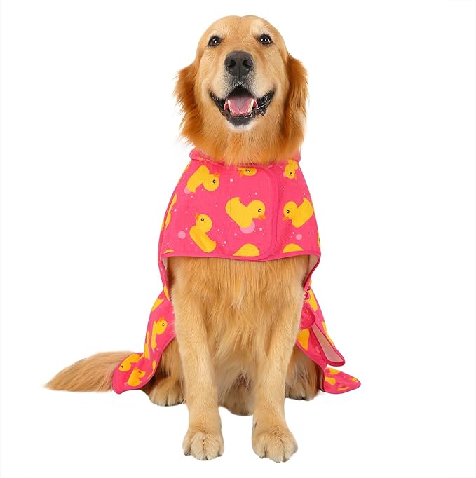 HDE Dog Bathrobe Super Absorbent Quick Drying Puppy Towel Wrap Coat Adjustable After Bath Robes with Hood for Dog Sizes S-XXL Pink Rubber Ducks XL