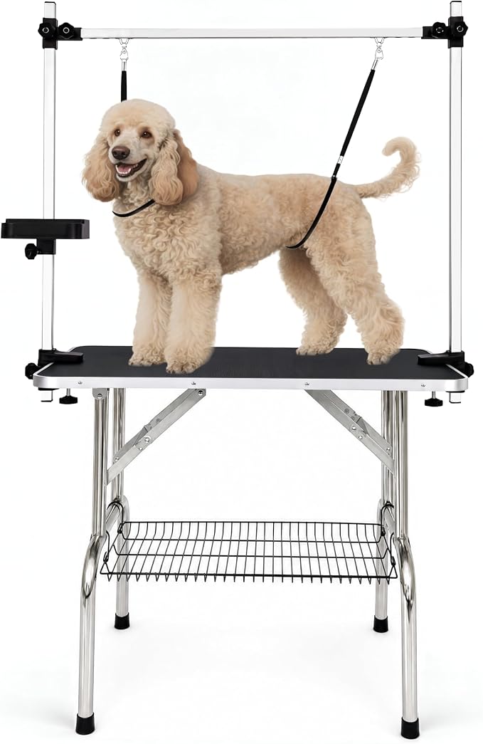 36" Foldable Dog Grooming Table with Adjustable H-Frame Arm & 2 Nooses, Heavy-Duty Stainless Steel Frame, Non-Slip Top, Tool Caddy and Mesh Tray, Black