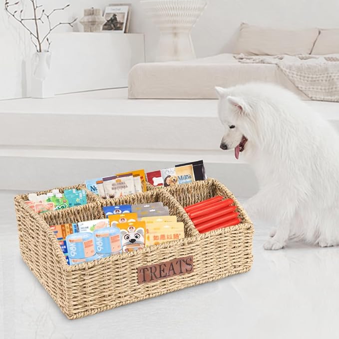 Bratod Dog Storage Organizer Wicker Basket,Dog Treat Container Bin for Countertop,Pet Treats Box with Dividers,Dog Cat Can Food Storage Bin,Pet Treat Station-Natural Woven Seagrass