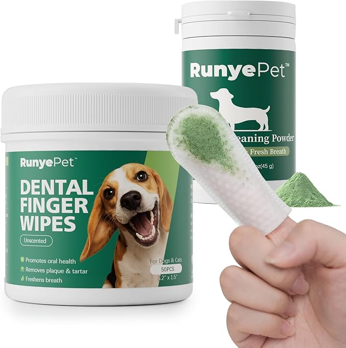 Deep Dental Cleaning Kit for Dogs & Cats – Pet Plaque Removal Powder & 50 Dental Care Wipes – Natural Formula with Probiotics for Fresh Breath & Healthy Teeth (Cleaning Kit, 50ct+45g)
