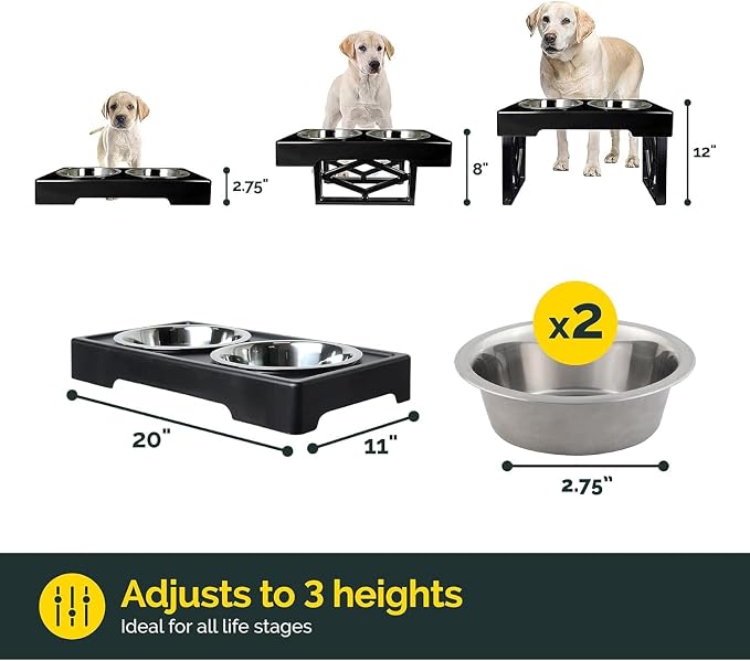 Pet Zone Designer Diner Elevated Stainless Steel Dog Bowls Set, 3 Heights | Raised stand adjusts 2.75, 8 and 12 inches, suits small, medium and large breeds, food and water dishes included in bundle