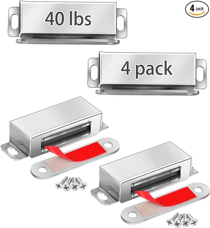 Strong Cabinet Magnets for Closure 40 lbs 4 Pack - Hold Warped Doors Tight | Magnetic Door Catches/Latches Stainless Steel for Cupboard Closet Drawer Window - No Measure or Mark Install in 5 Mins
