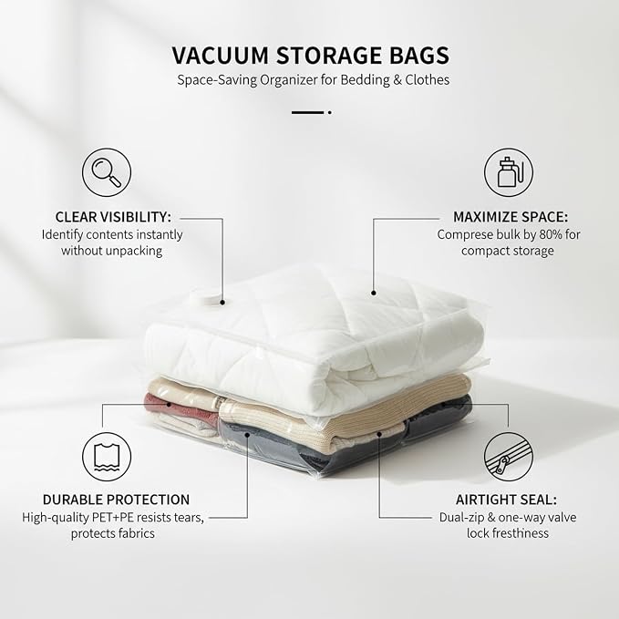 Clear Vacuum Storage Bags with Valve, Reusable Compression Saver for Bedding & Clothes, Space Saving Organizer (1 Pack)