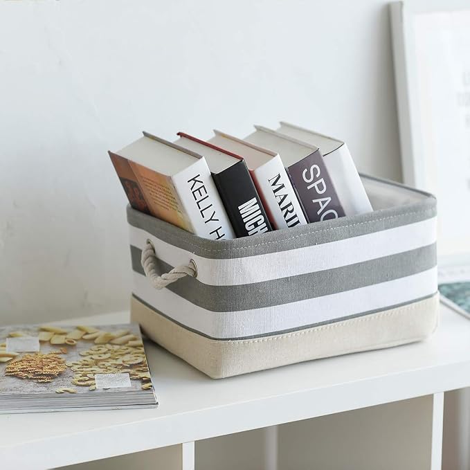 Storage Basket Fabric Basket with Handles Dog Toy Basket Cloth Storage Bin Shelf Basket Decorative Storage Basket Shoe Basket Gift Basket(Grey&White Stripes-1 Pack,15.7L×11.8W×8.3H)