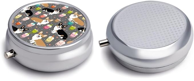 3 Compartment Round Pill Box Portable Metal Travel Pill Organizer | Cute Corgi Pet Pill Case to Hold Vitamins, Medication, Fish Oil and Supplements, Ideal for Purse & Pocket