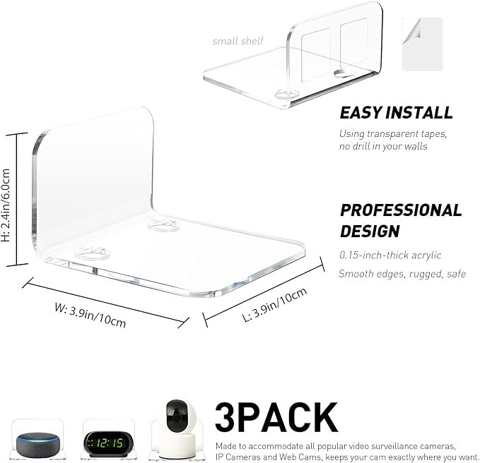 OAPRIRE Small Floating Wall Shelf Set of 3, 4" Clear Acrylic for Monitors | Universal, with Cable Clips & Tapes, No Drill, Easy to Install, Durable, Fits Security Cameras, Baby Monitors, Speakers