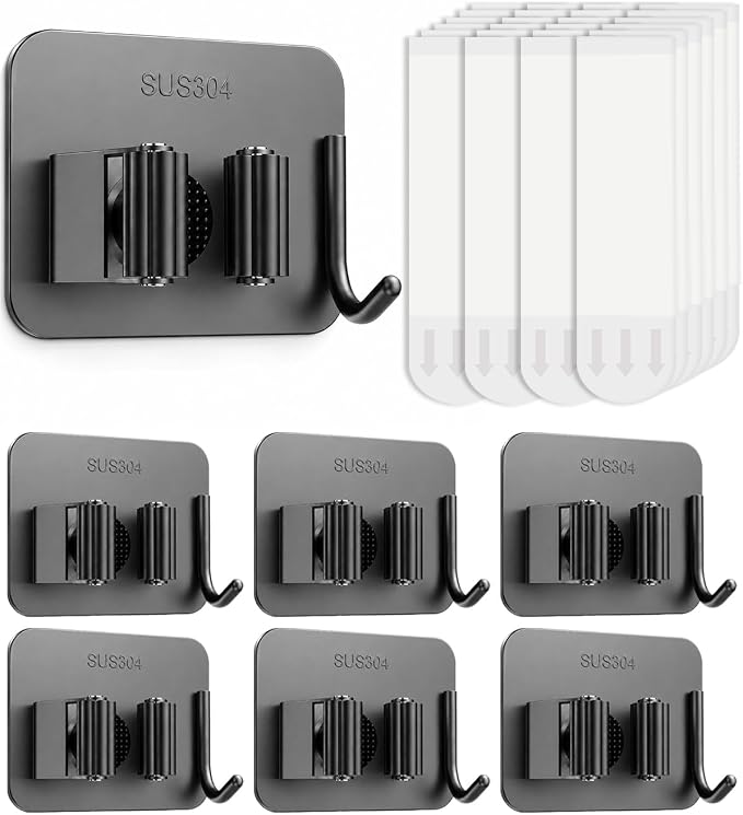 6Pcs Broom Holder Wall Mount With Hooks, Damage-Free Broom And Mop Organizer Wall Hanging, Heavy Duty Self Adhesive Broom Hanger Clips Storage Rack For Garden, Laundry Room Tools, SUS 304, Matte Black