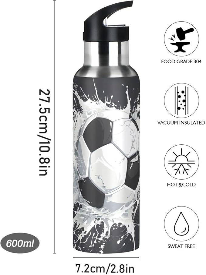 Soccer Ball Water Bottle with Straw Lid Kids Insulated Stainless Steel Water Flask Sports, 20 Oz Hot Cold